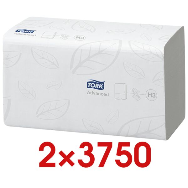 2x Papieren handdoekjes Tork Advanced 2-laags, hoogwit, 25 cm x 23 cm van tissue met Z-vouw - 7500 bladen (totaal)